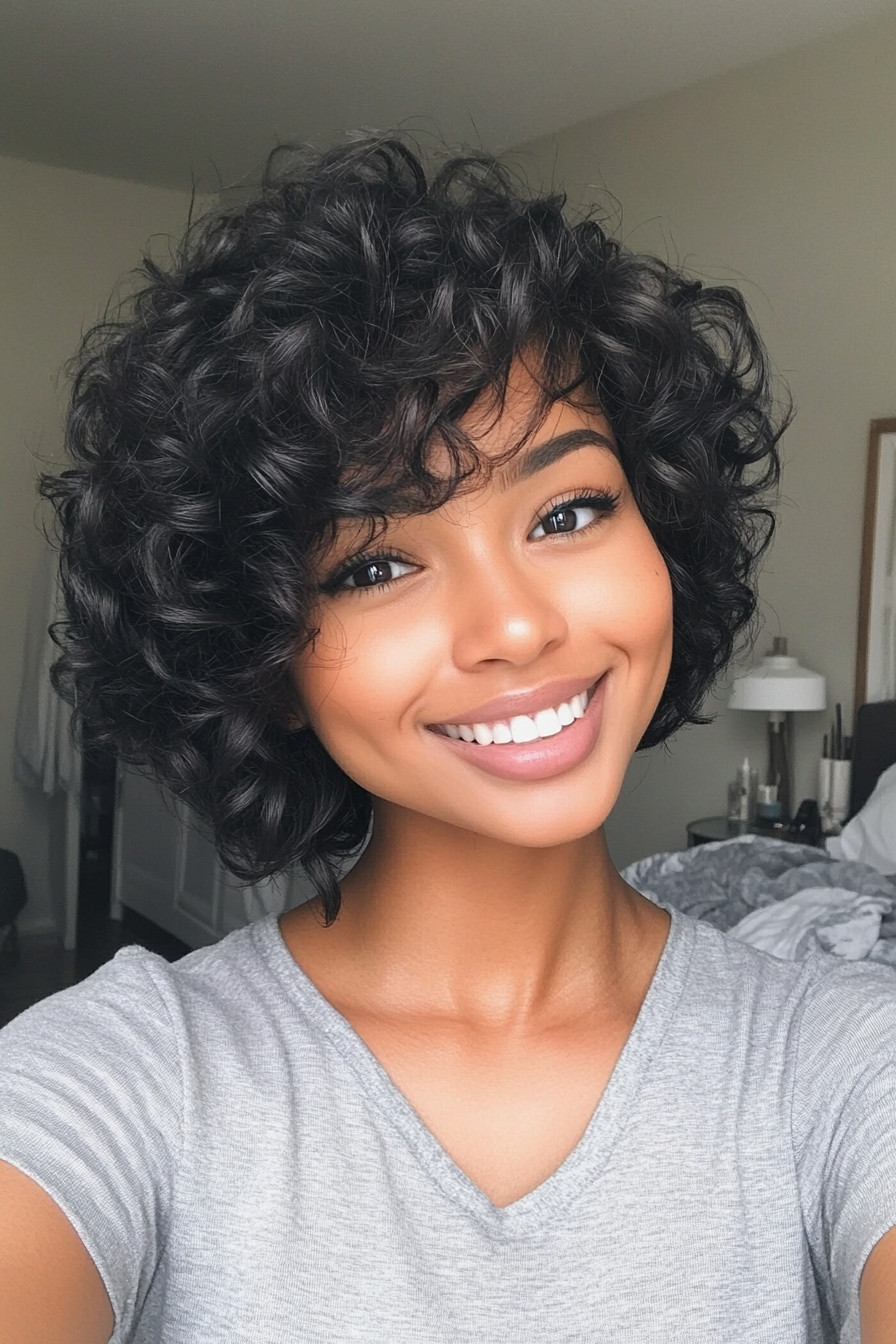26. Short Curly Bob in Natural Black (Short Layered Haircuts With Side Bangs) - Short Layered Haircuts With Side Bangs