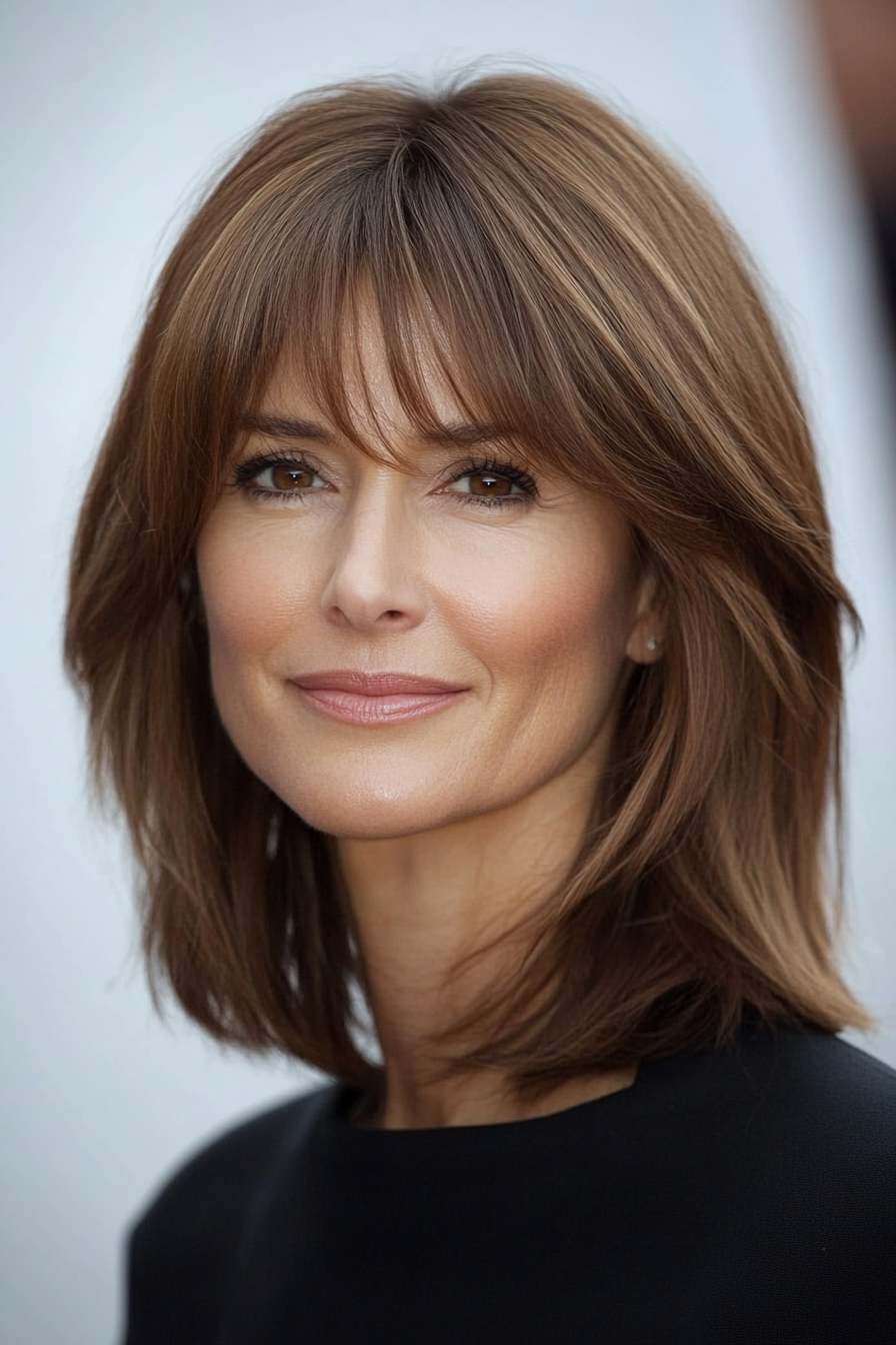 1. Sleek Shoulder-Length Bob with Curtain Bangs in Chestnut Brown (Best Haircuts For Women Over 40) - Best Haircuts For Women Over 40