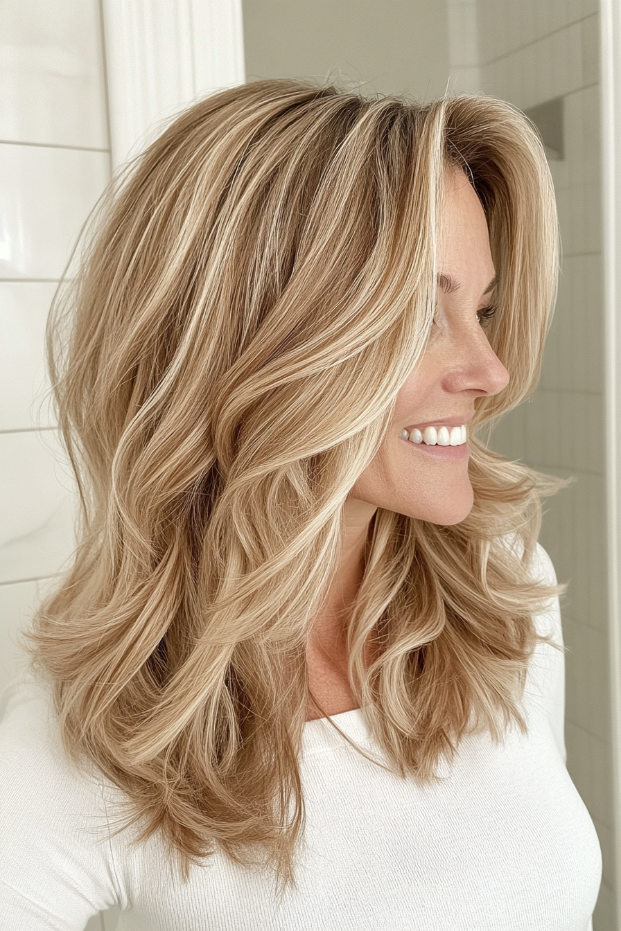 2. Layered Blonde Waves with Honey Highlights (Best Haircuts For Women Over 40) - Best Haircuts For Women Over 40