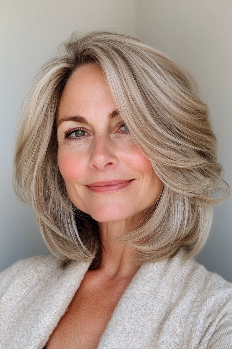 3. Chin-Length Bob with Subtle Layers in Sandy Blonde (Best Haircuts For Women Over 40) - Best Haircuts For Women Over 40