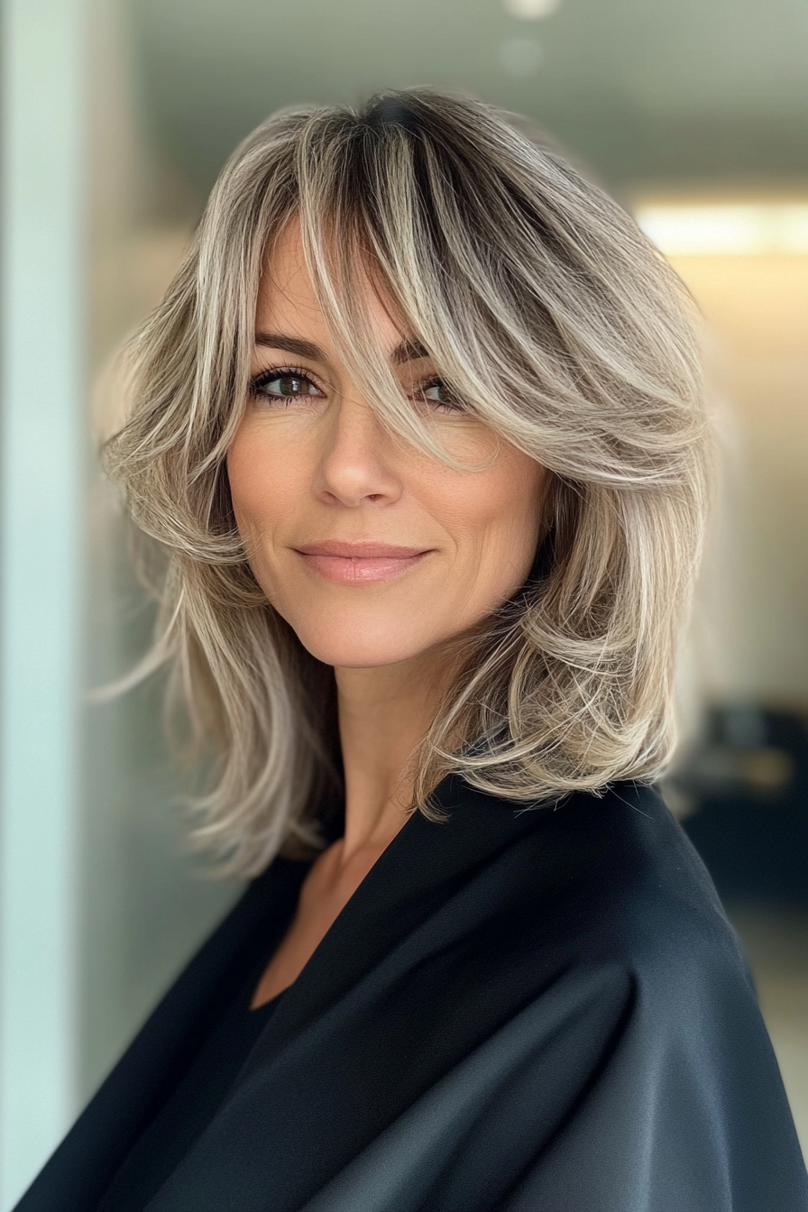 6. Shoulder-Length Shag with Wispy Bangs in Light Ash Blonde (Best Haircuts For Women Over 40) - Best Haircuts For Women Over 40