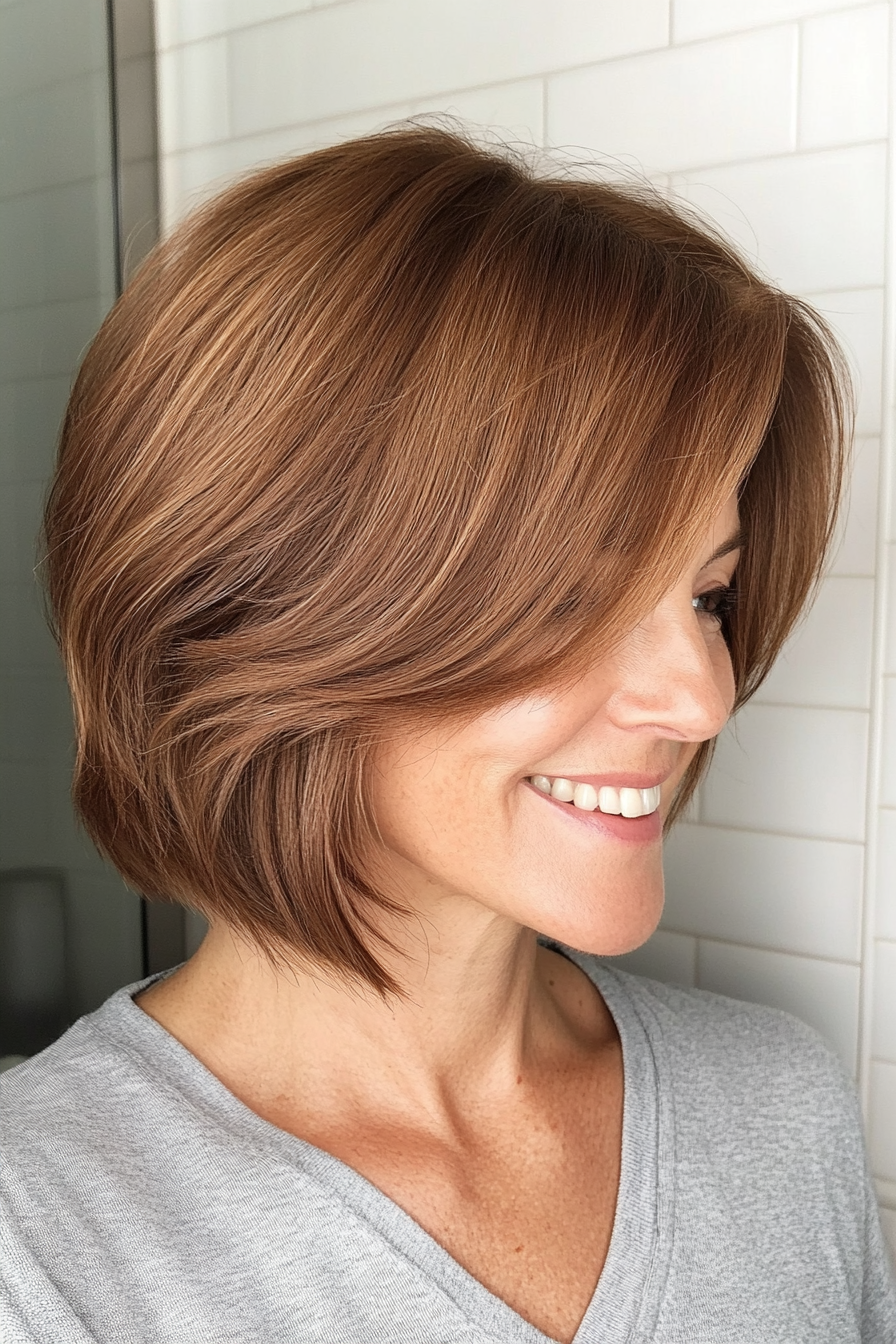 8. Soft Layered Bob with Side-Swept Bangs in Caramel Brown (Best Haircuts For Women Over 40) - Best Haircuts For Women Over 40