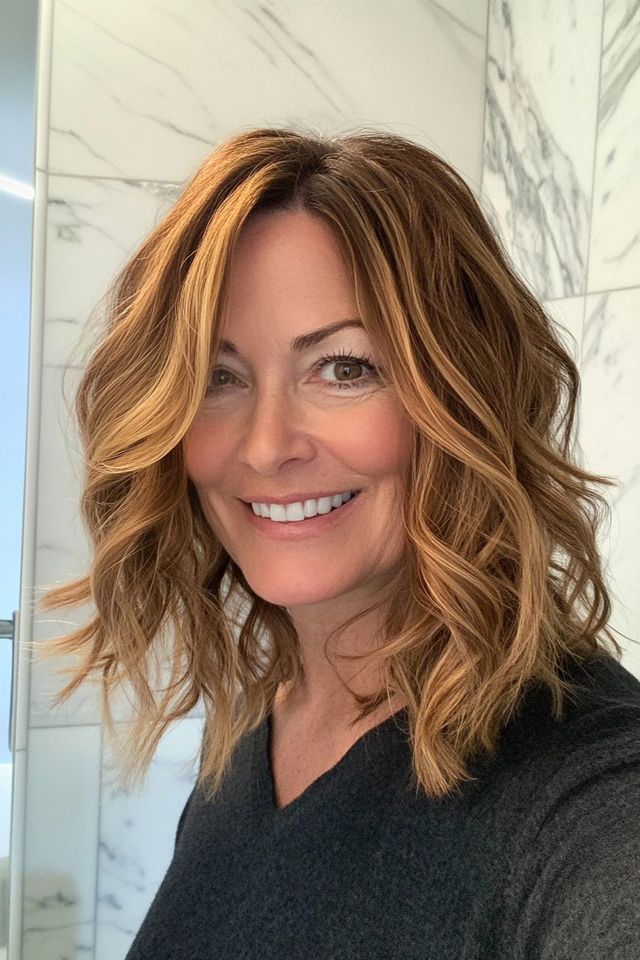 9. Wavy Lob with Balayage in Chestnut and Honey Tones (Best Haircuts For Women Over 40) - Best Haircuts For Women Over 40
