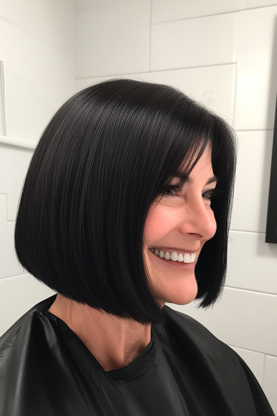 10. Classic Bob with Blunt Bangs in Jet Black (Best Haircuts For Women Over 40) - Best Haircuts For Women Over 40