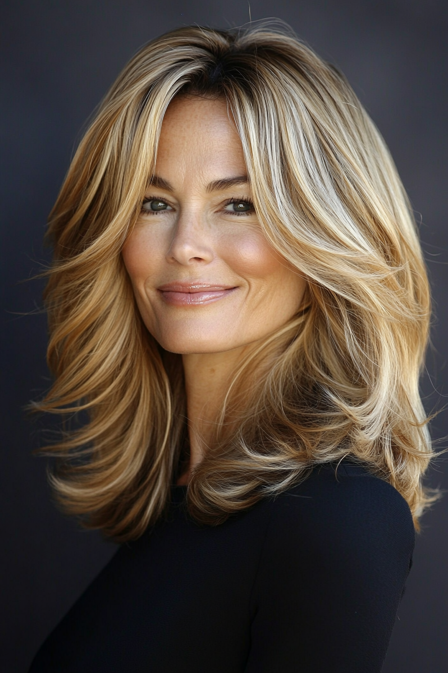 11. Mid-Length Cut with Feathered Layers in Golden Blonde (Best Haircuts For Women Over 40) - Best Haircuts For Women Over 40