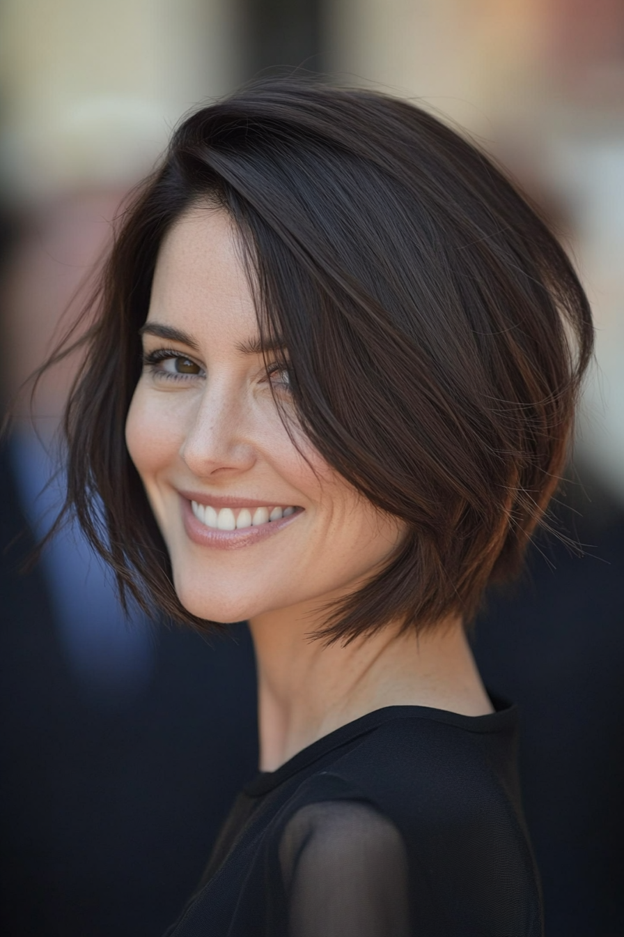 12. Asymmetrical Bob in Dark Chocolate Brown (Best Haircuts For Women Over 40) - Best Haircuts For Women Over 40