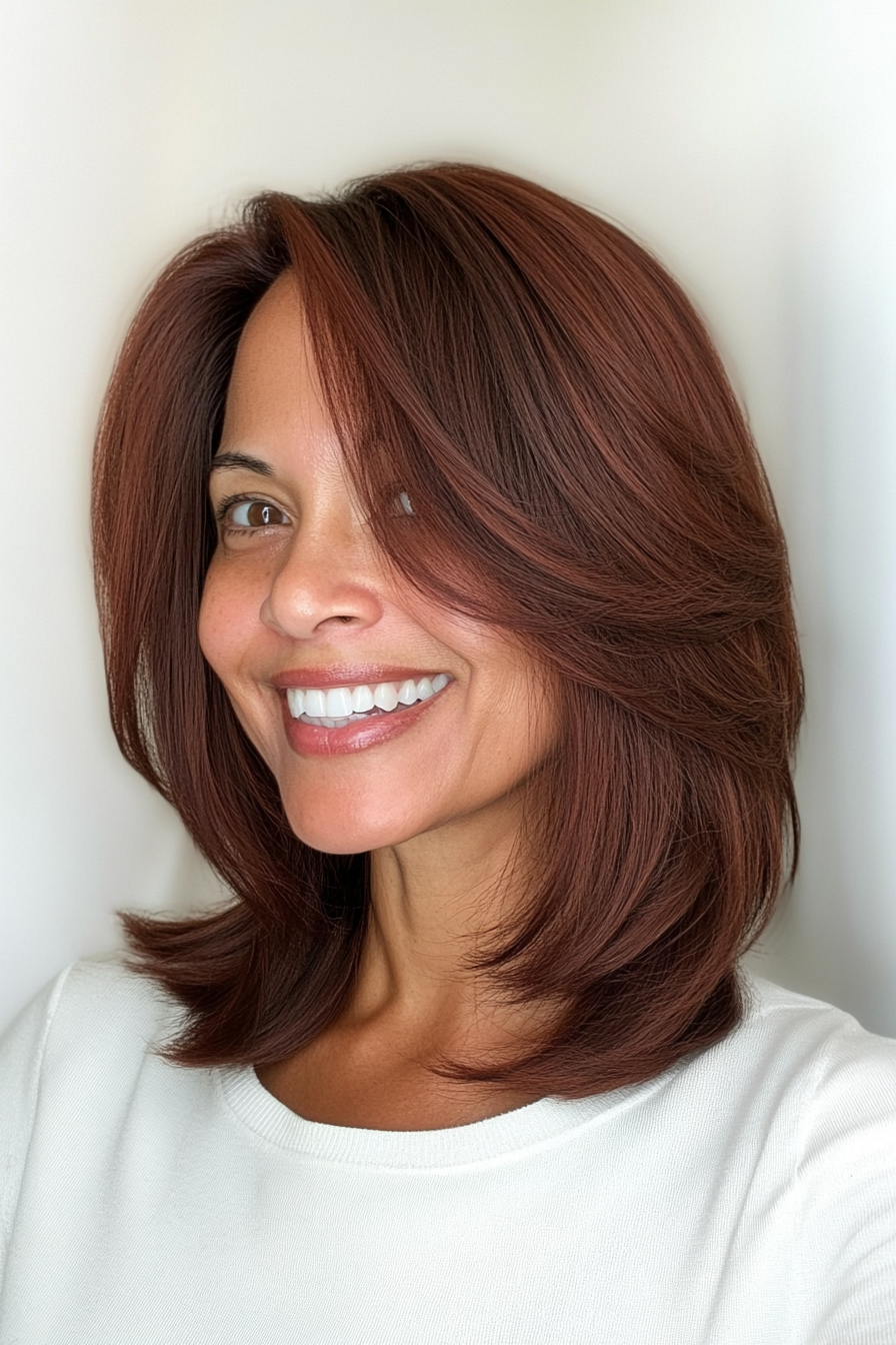 14. Layered Shoulder-Length Cut with Side Part in Mahogany Brown (Best Haircuts For Women Over 40) - Best Haircuts For Women Over 40
