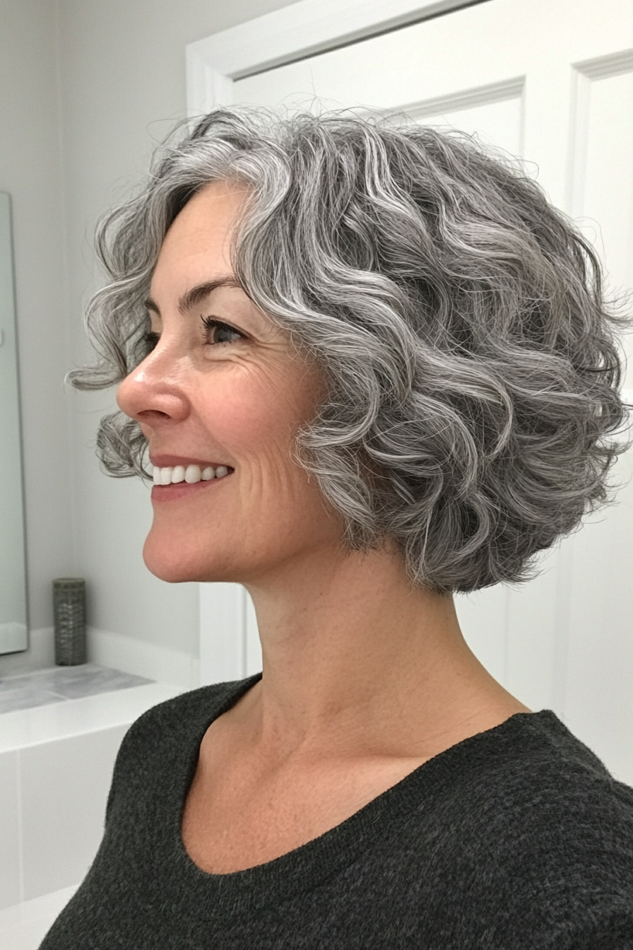 15. Short Curly Bob in Natural Gray (Best Haircuts For Women Over 40) - Best Haircuts For Women Over 40