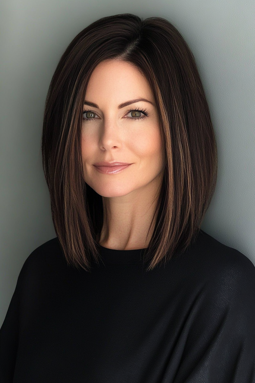 16. Sleek Lob with Blunt Ends in Espresso Brown (Best Haircuts For Women Over 40) - Best Haircuts For Women Over 40