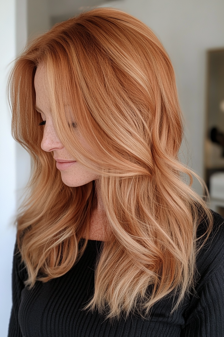 17. Medium-Length Cut with Soft Waves in Strawberry Blonde (Best Haircuts For Women Over 40) - Best Haircuts For Women Over 40