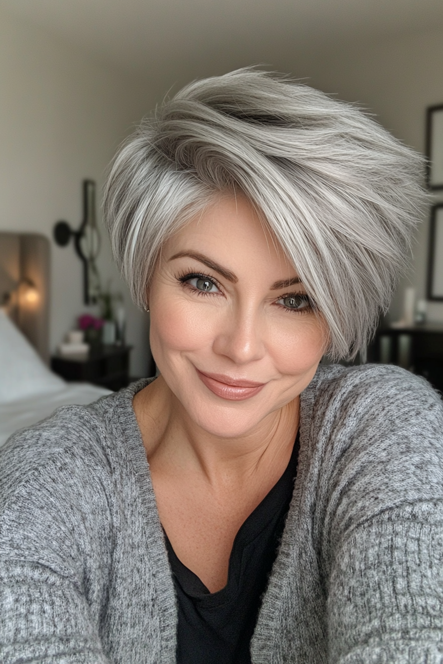 18. Choppy Pixie Cut in Silver Gray (Best Haircuts For Women Over 40) - Best Haircuts For Women Over 40
