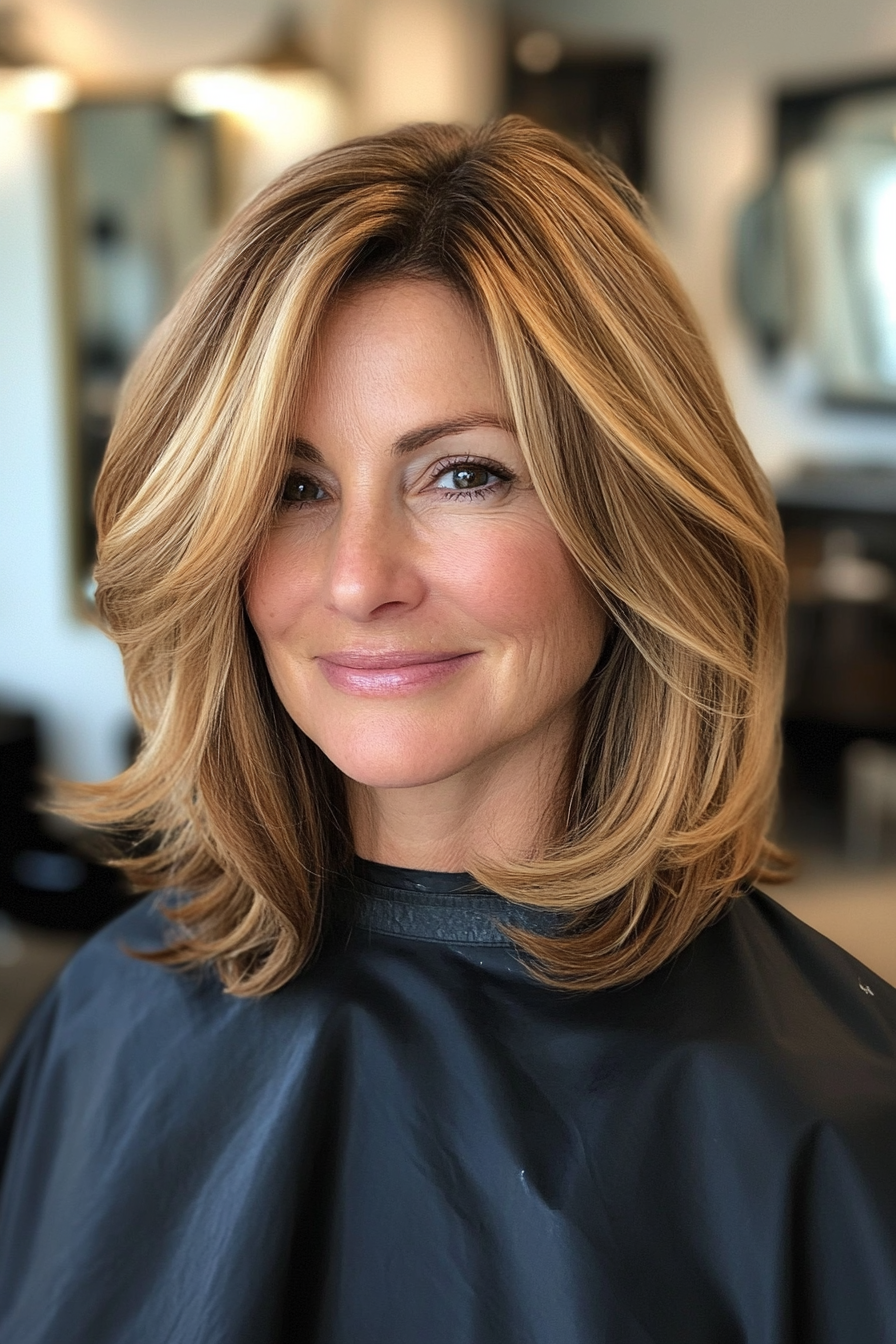 19. Shoulder-Length Bob with Side Bangs in Warm Honey Blonde (Best Haircuts For Women Over 40) - Best Haircuts For Women Over 40