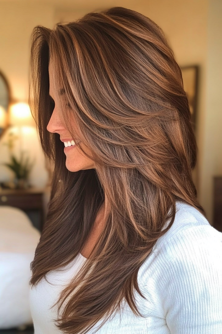 20. Long Layers with Curtain Bangs in Rich Brunette (Best Haircuts For Women Over 40) - Best Haircuts For Women Over 40