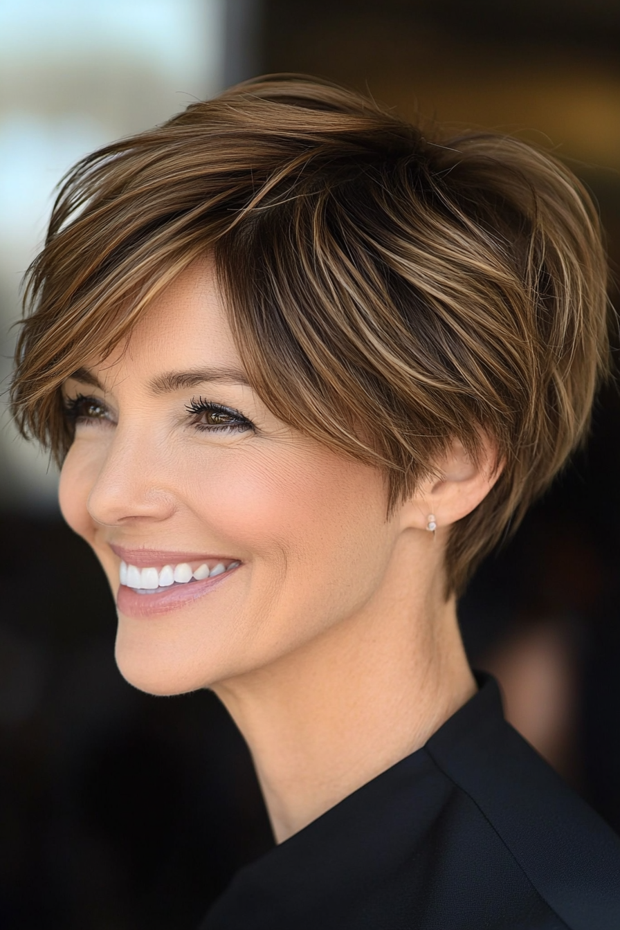 23. Layered Pixie with Side-Swept Bangs in Soft Brown (Best Haircuts For Women Over 40) - Best Haircuts For Women Over 40