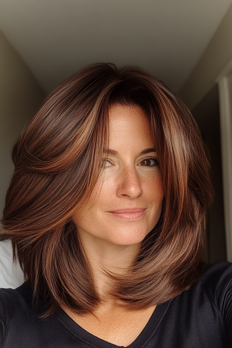 24. Feathered Lob with Side Part in Warm Chestnut (Best Haircuts For Women Over 40) - Best Haircuts For Women Over 40