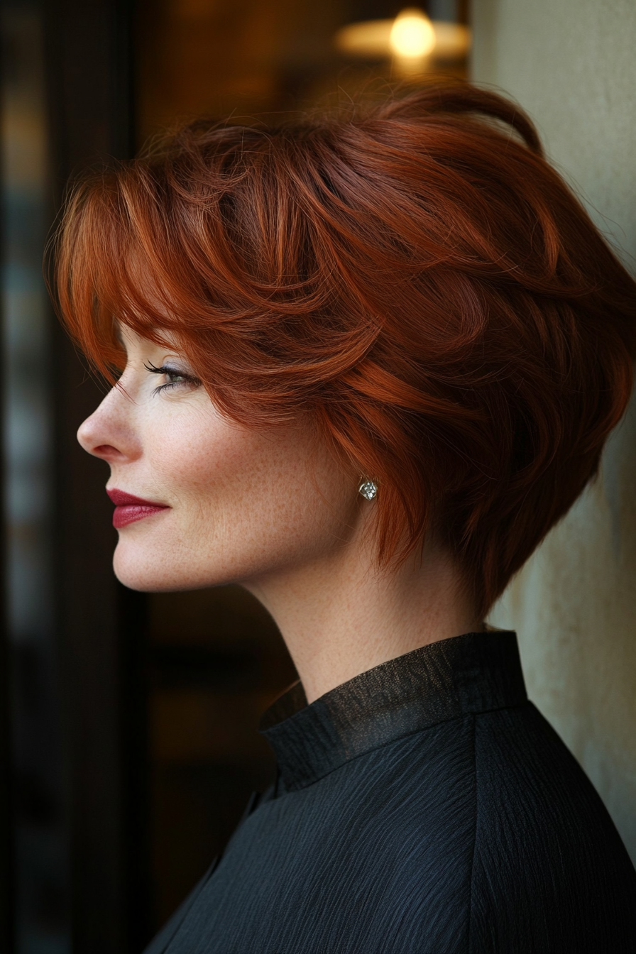 26. Short Tapered Cut with Volume Crown in Dark Auburn (Best Haircuts For Women Over 40) - Best Haircuts For Women Over 40