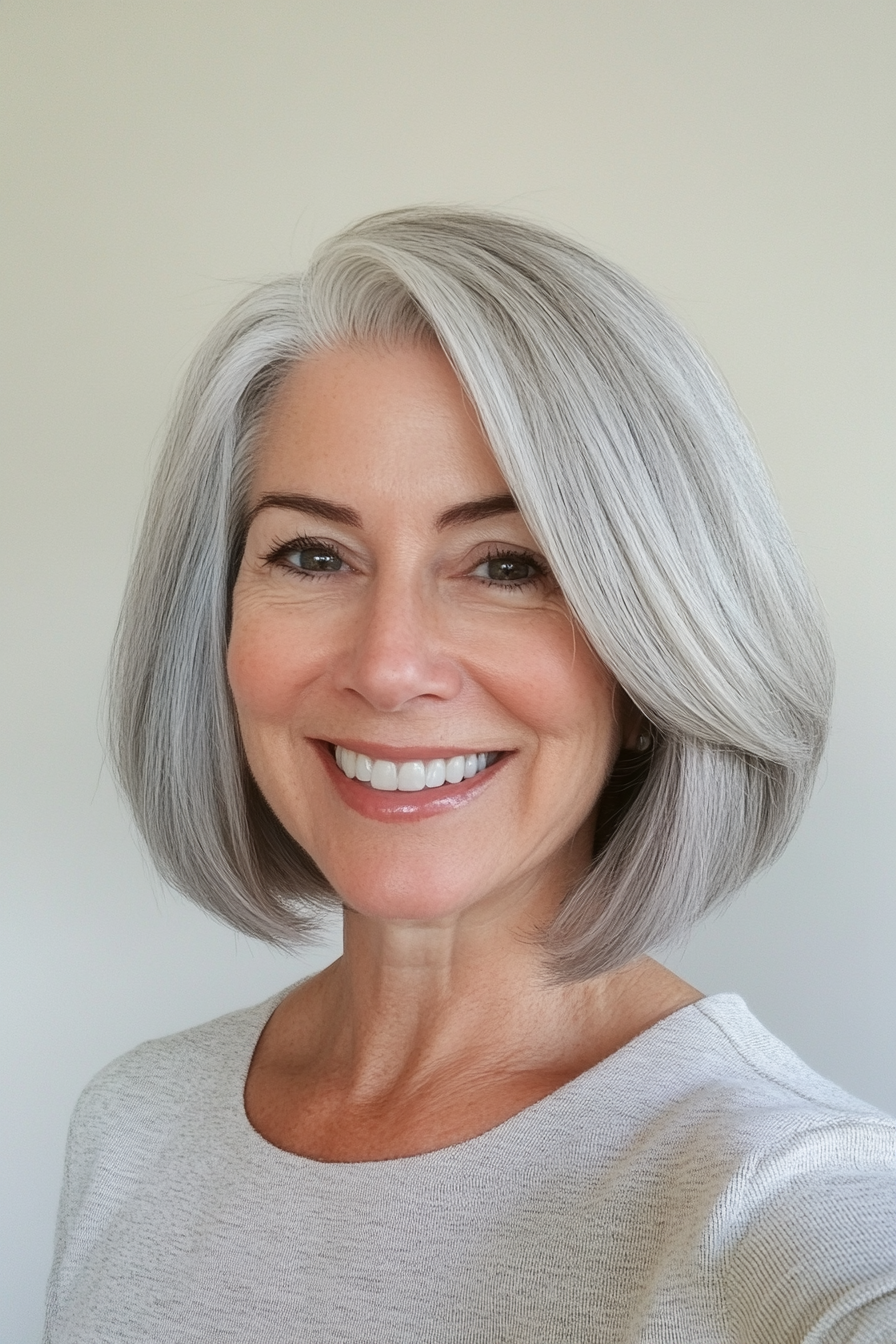 1. Classic Layered Bob in Silver Gray (Easy Hairstyles For Older Women) - Easy Hairstyles For Older Women
