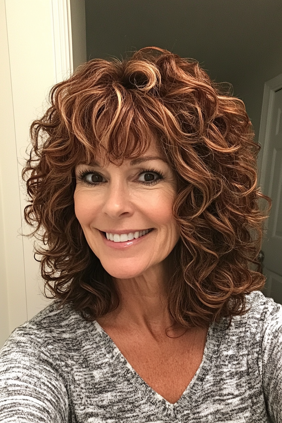 8. Curly Shag with Auburn Highlights (Easy Hairstyles For Older Women) - Easy Hairstyles For Older Women