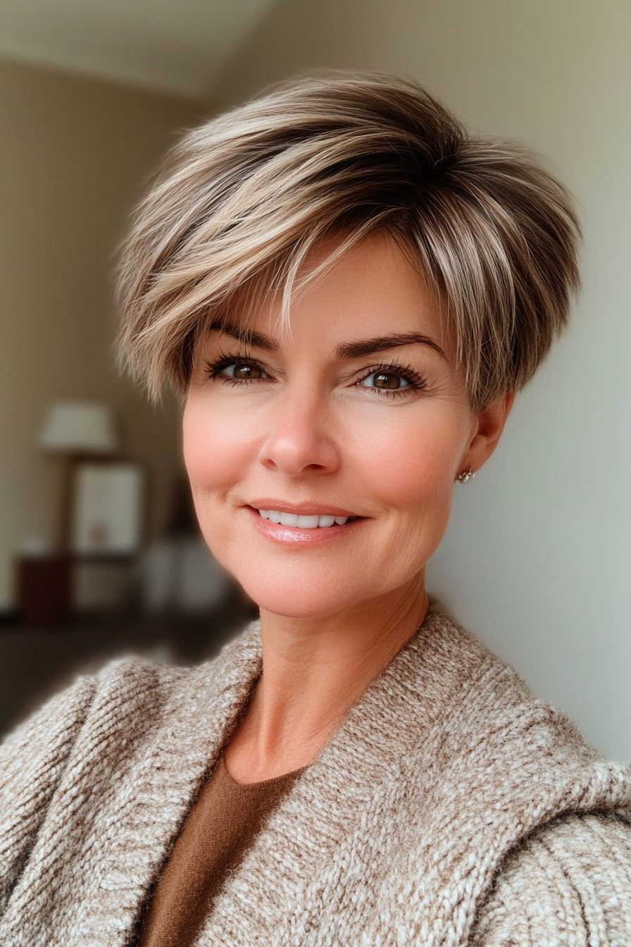 10. Feathered Pixie with Soft Brown Tones (Easy Hairstyles For Older Women) - Easy Hairstyles For Older Women