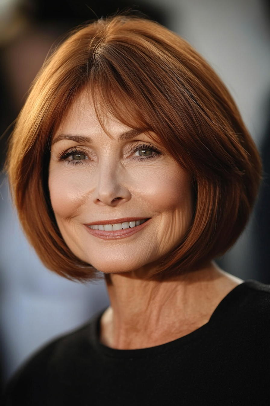 12. Bob with Side-Swept Bangs in Warm Caramel (Easy Hairstyles For Older Women) - Easy Hairstyles For Older Women