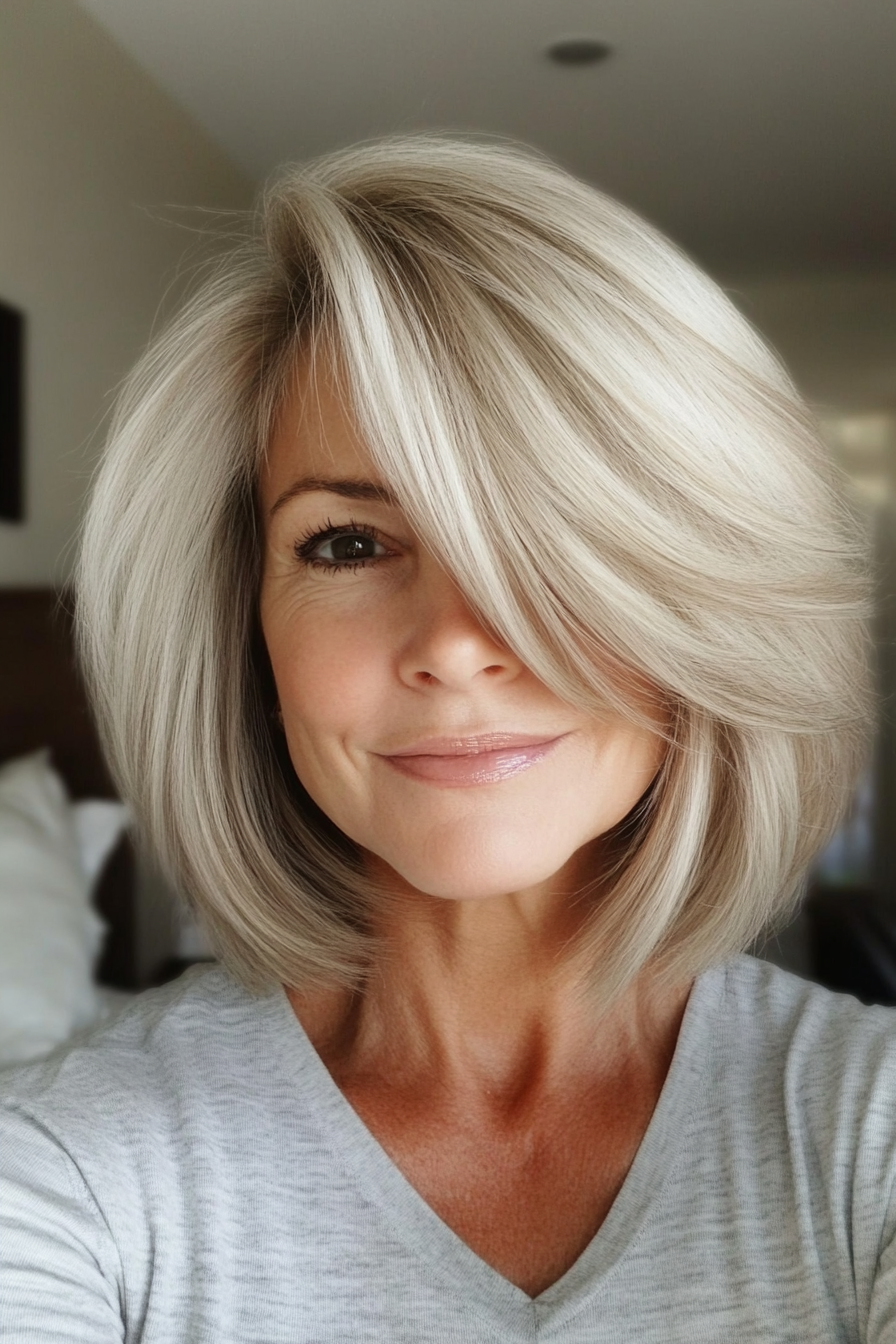 15. Layered Bob with Curtain Bangs in Ash Blonde (Easy Hairstyles For Older Women) - Easy Hairstyles For Older Women