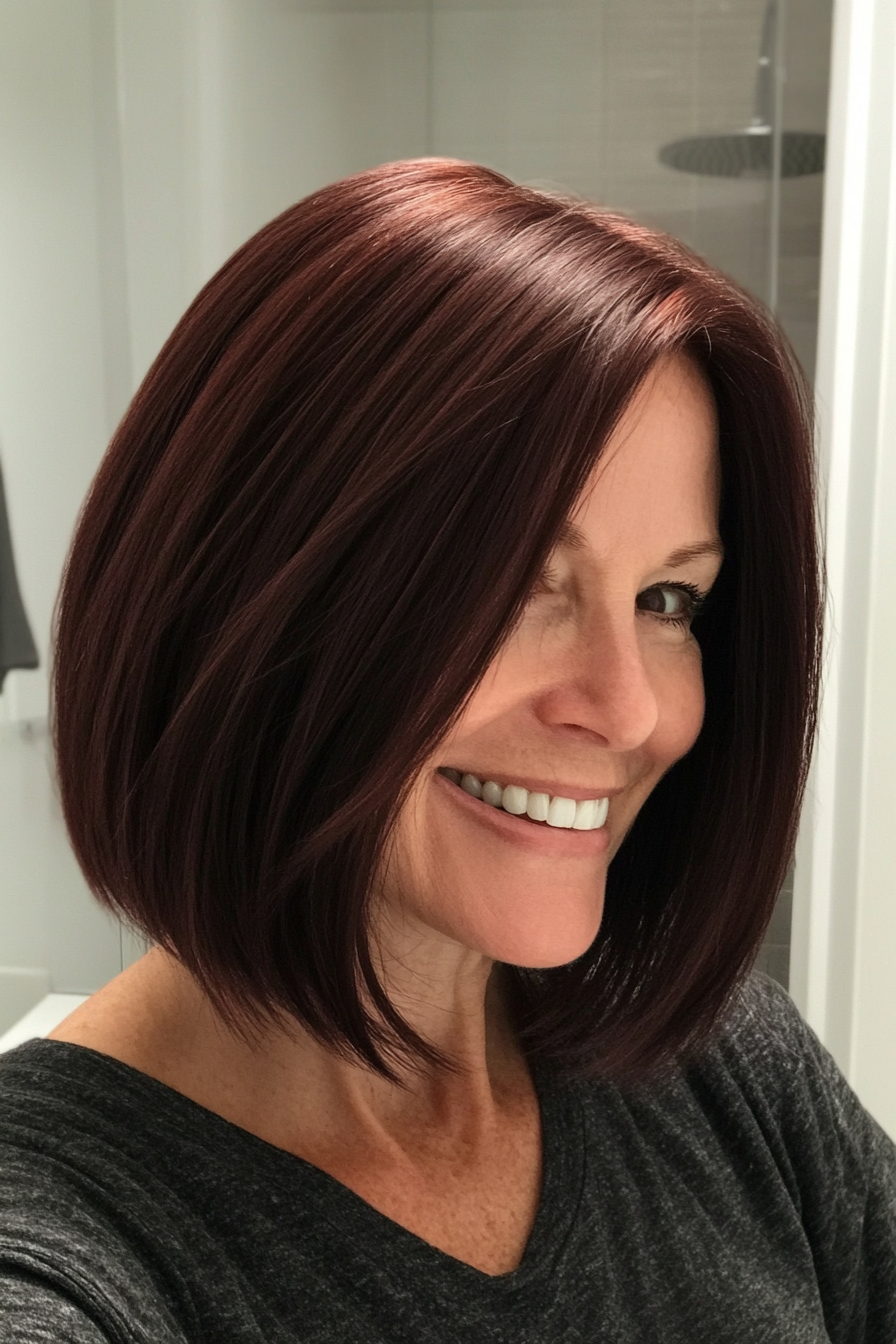 19. Blunt Cut Lob in Dark Auburn (Easy Hairstyles For Older Women) - Easy Hairstyles For Older Women
