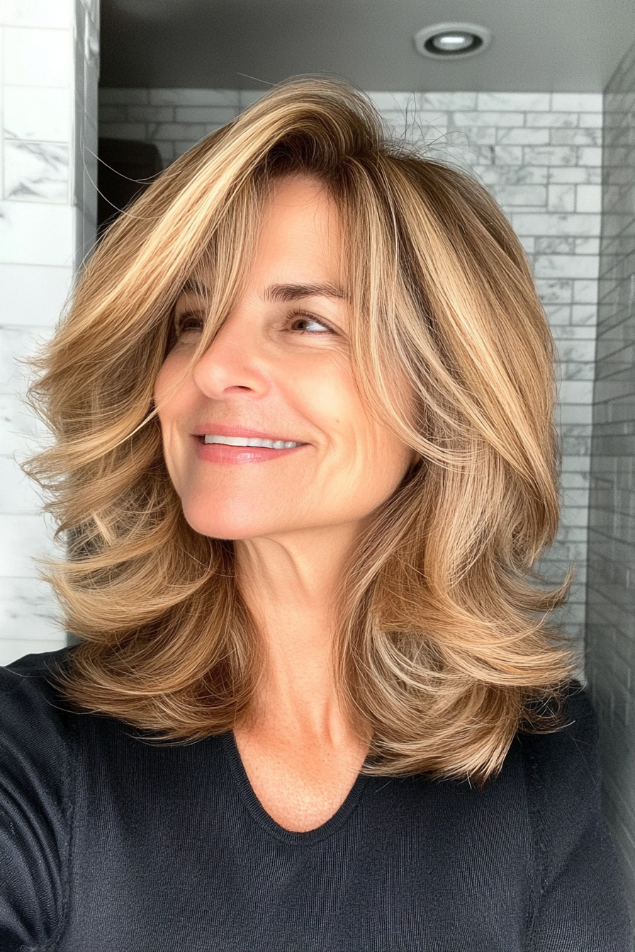 20. Layered Shoulder-Length Cut in Honey Brown (Easy Hairstyles For Older Women) - Easy Hairstyles For Older Women