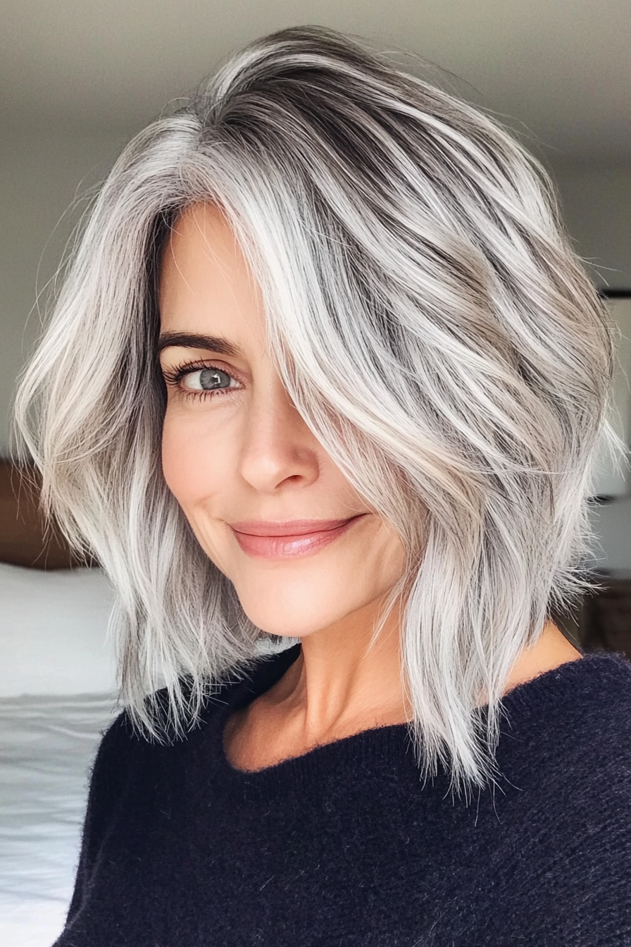 21. Textured Bob with Silver Balayage (Easy Hairstyles For Older Women) - Easy Hairstyles For Older Women
