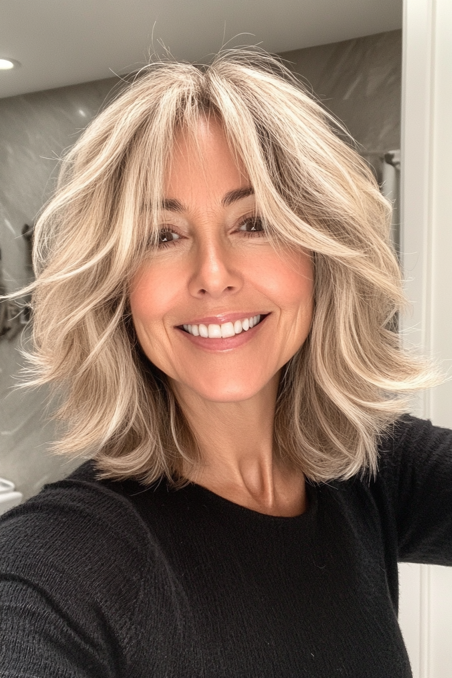 24. Shoulder-Length Shag with Blonde Highlights (Easy Hairstyles For Older Women) - Easy Hairstyles For Older Women