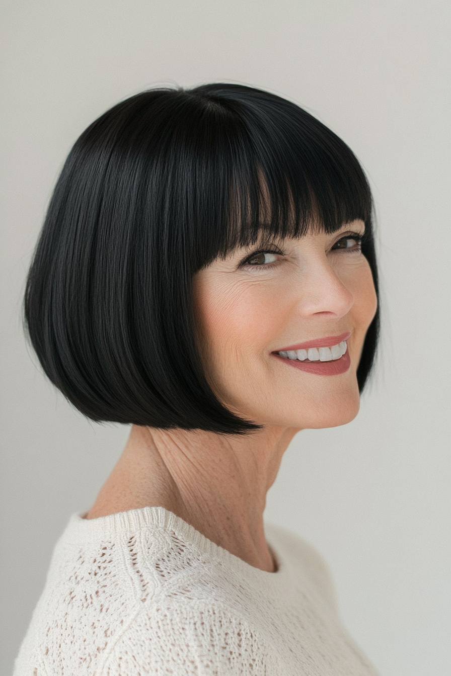 25. Sleek Bob with Blunt Bangs in Jet Black (Easy Hairstyles For Older Women) - Easy Hairstyles For Older Women