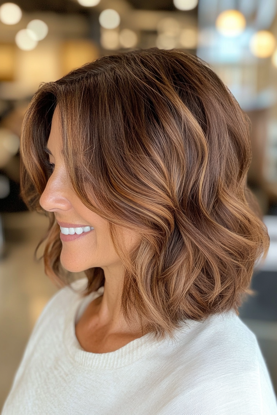 26. Wavy Lob with Chestnut Highlights (Easy Hairstyles For Older Women) - Easy Hairstyles For Older Women