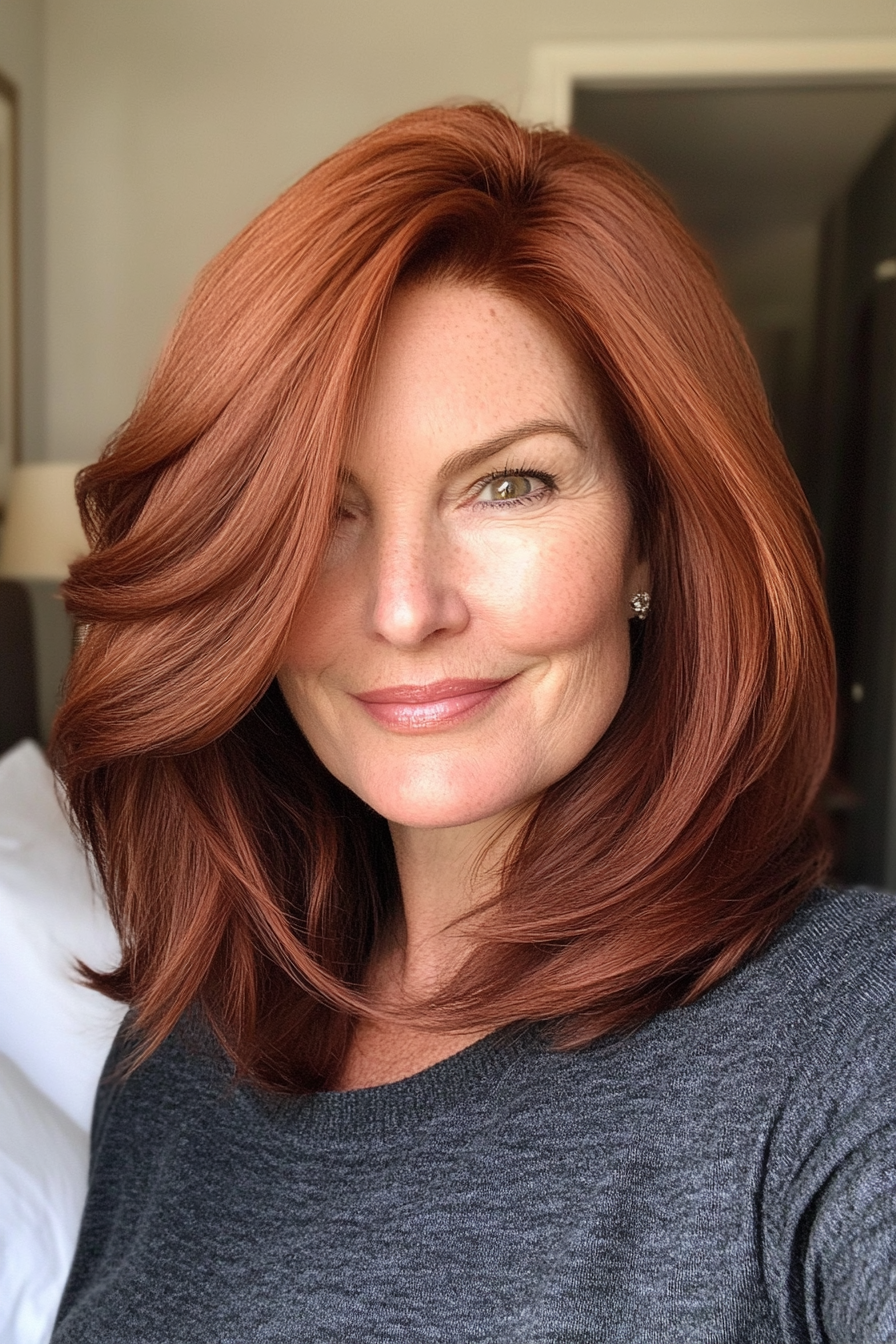2. Elegant Swoop - Rich Auburn (Modern Hairstyles For Women Over 50) - Modern Hairstyles For Women Over 50