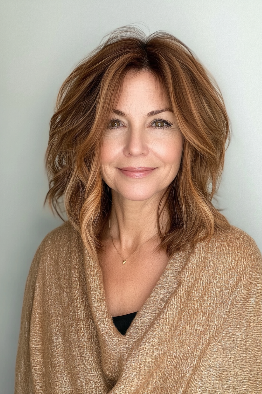 14. Tousled Lob - Caramel (Modern Hairstyles For Women Over 50) - Modern Hairstyles For Women Over 50