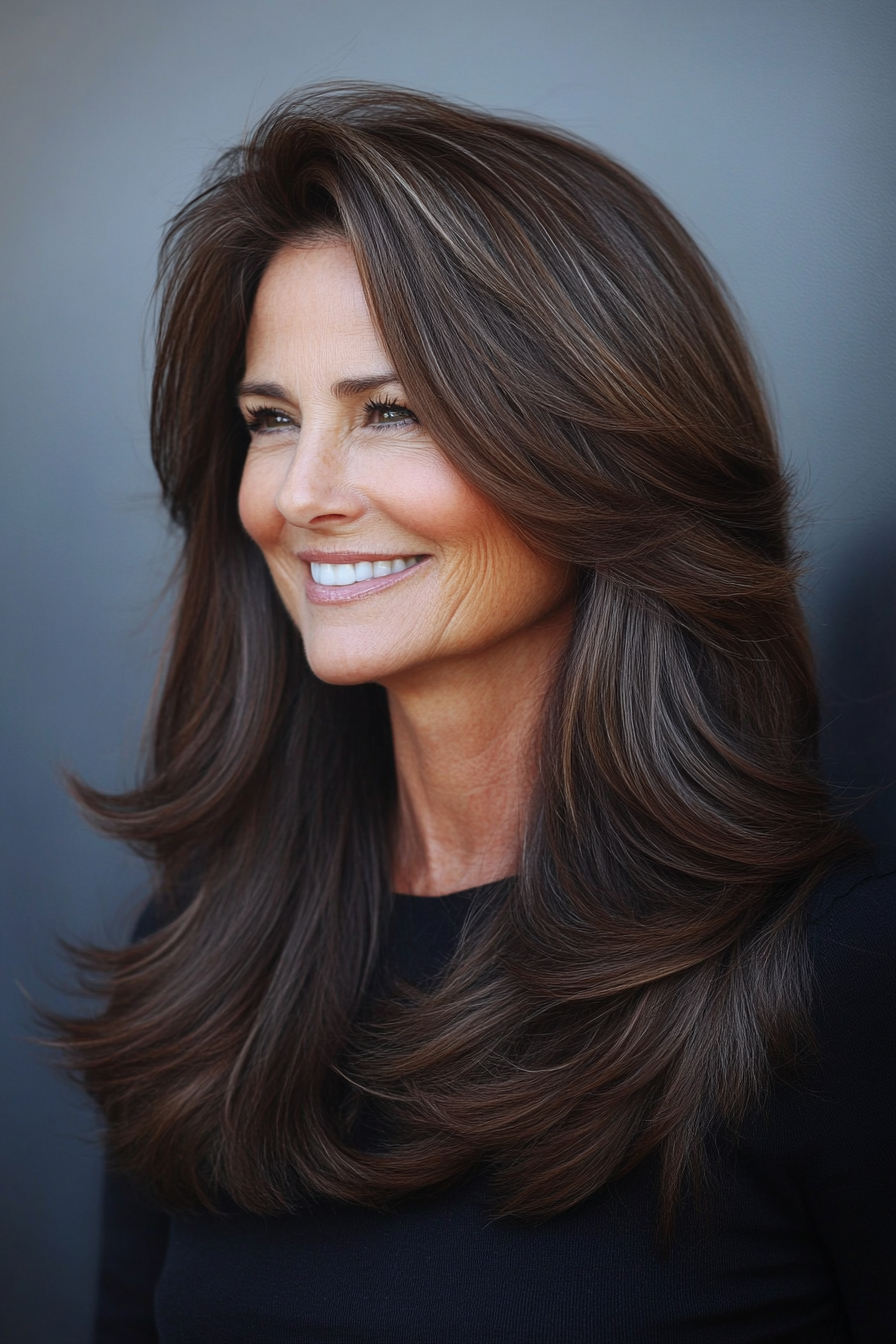 18. Flowing Layers - Rich Chocolate (Modern Hairstyles For Women Over 50) - Modern Hairstyles For Women Over 50