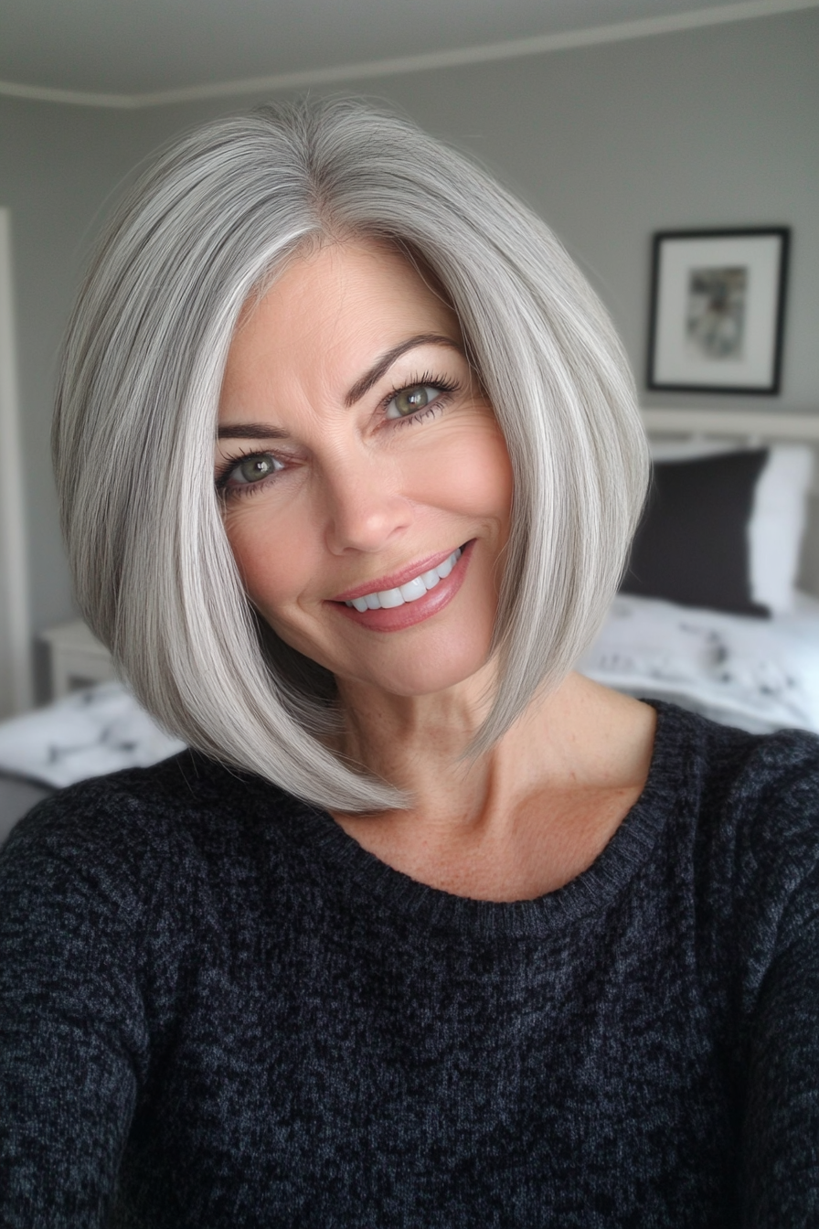 23. Sophisticated Stacked Bob - Platinum Grey (Modern Hairstyles For Women Over 50) - Modern Hairstyles For Women Over 50