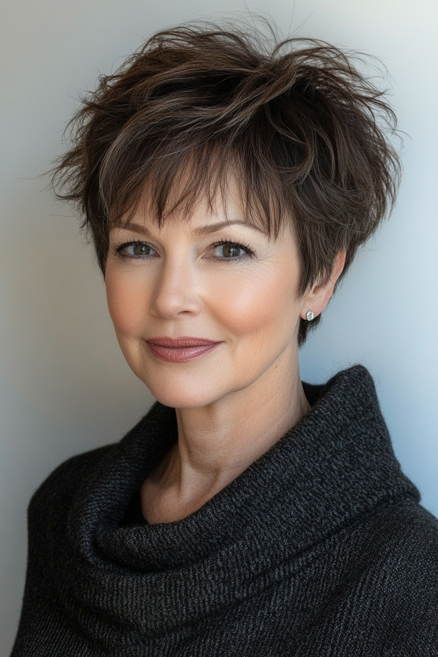 24. Choppy Layered Pixie - Mocha (Modern Hairstyles For Women Over 50) - Modern Hairstyles For Women Over 50