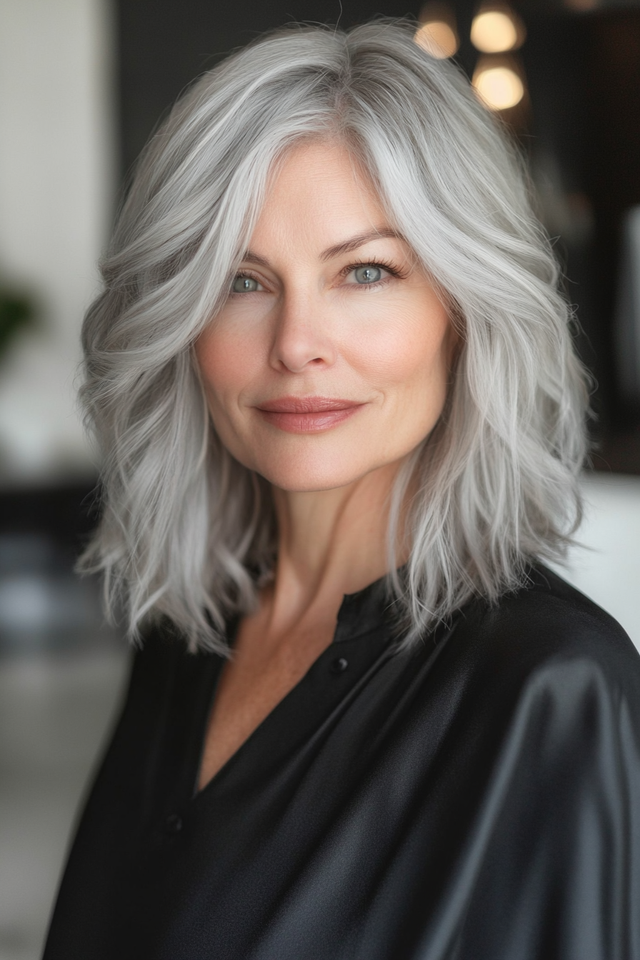 26. Polished Curtain Bangs - Light Grey (Modern Hairstyles For Women Over 50) - Modern Hairstyles For Women Over 50
