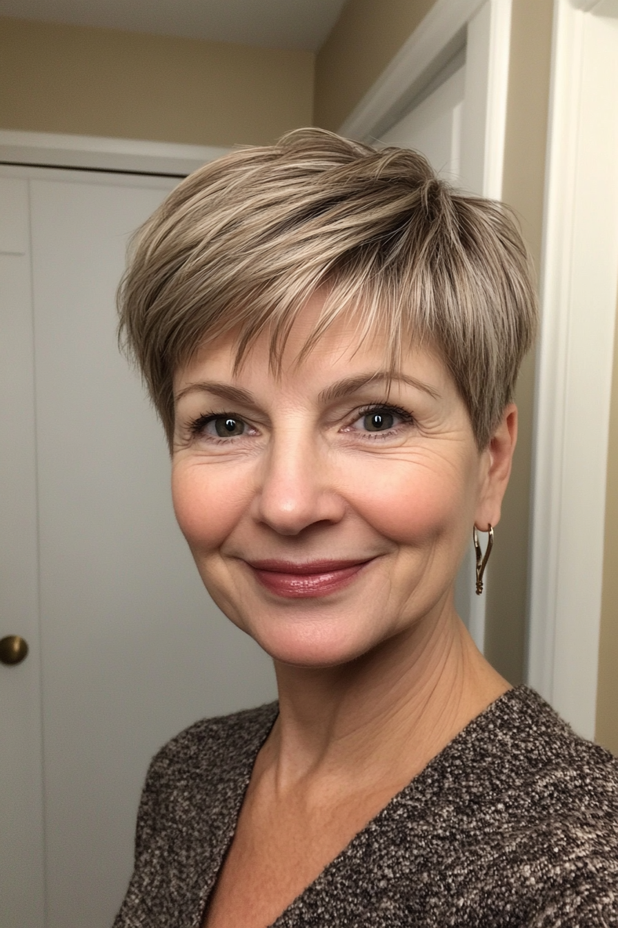 7. Wispy Bangs Pixie in Light Brown (Short Haircuts For Older Women With Fine Hair) - Short Haircuts For Older Women With Fine Hair