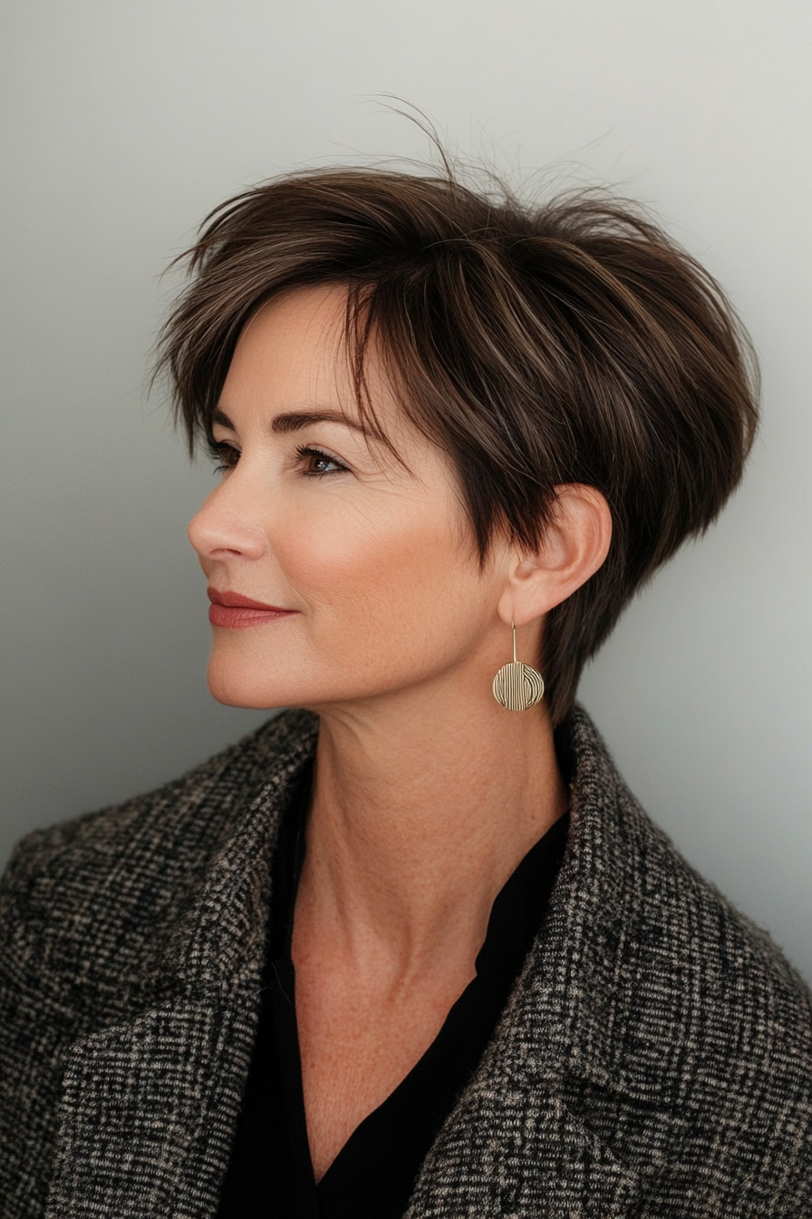 9. Sleek Side Part in Brunette (Short Haircuts For Older Women With Fine Hair) - Short Haircuts For Older Women With Fine Hair