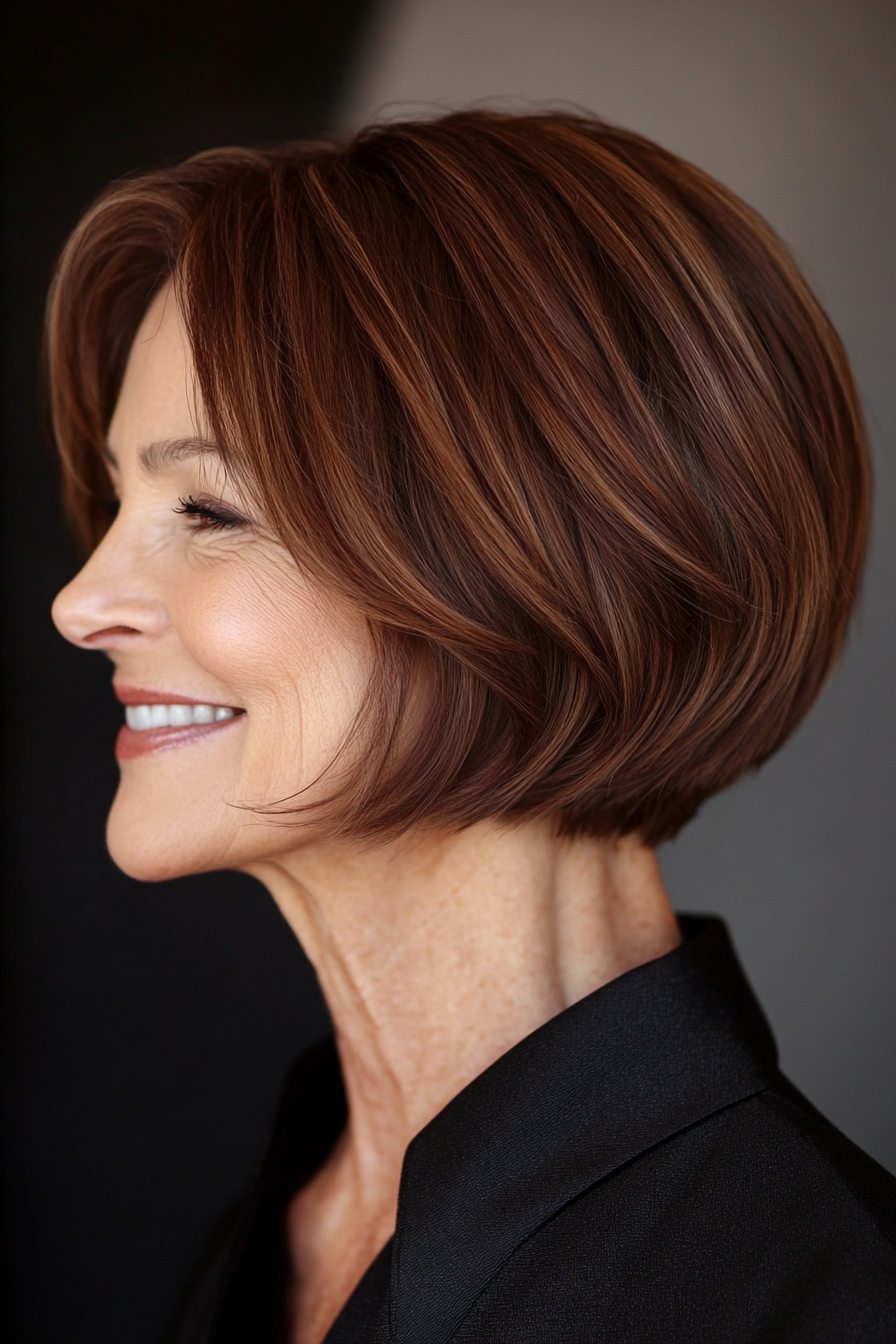 11. Chin-Length Tuck in Chestnut Brown (Short Haircuts For Older Women With Fine Hair) - Short Haircuts For Older Women With Fine Hair