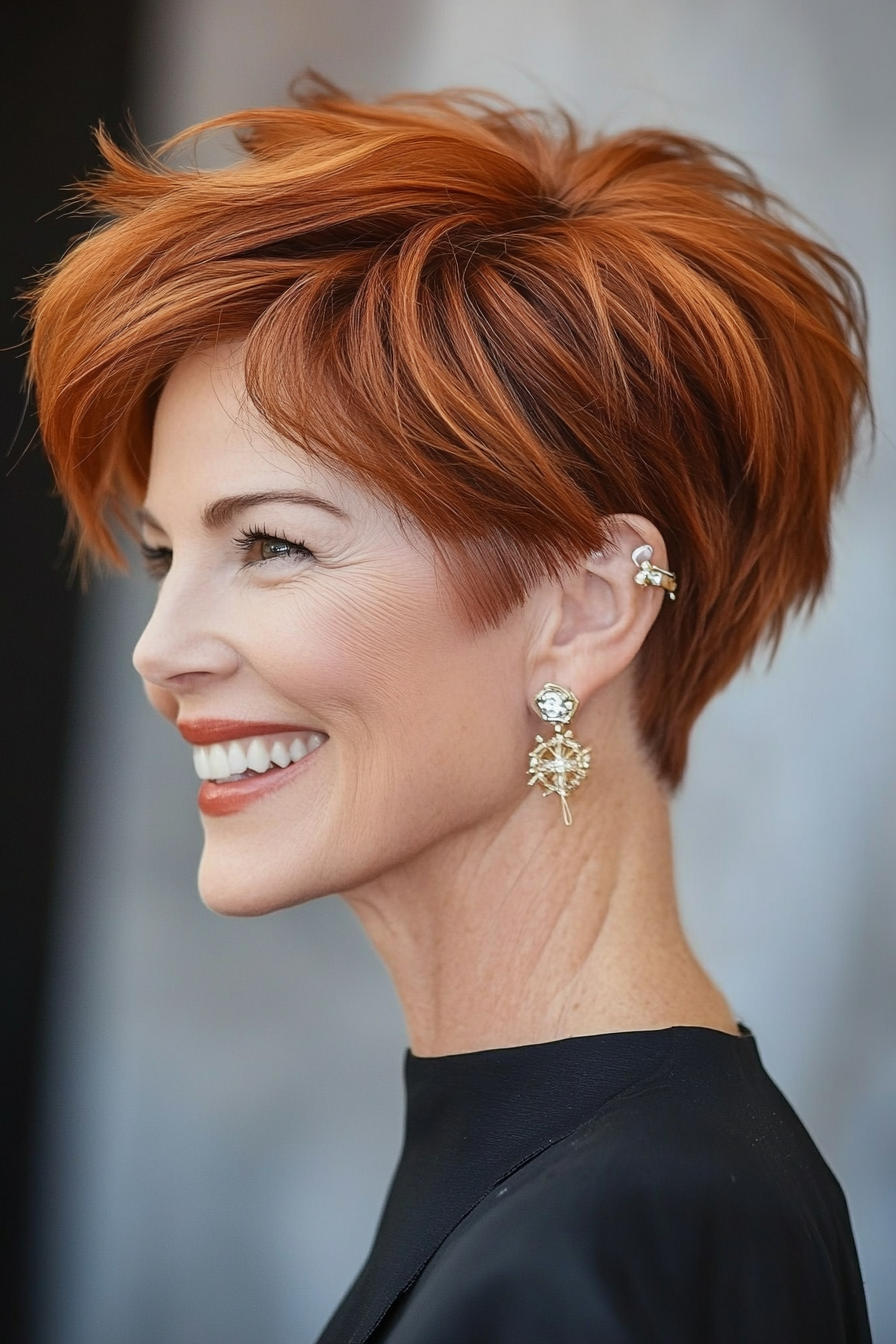 13. Dynamic Feathered Pixie in Auburn (Short Haircuts For Older Women With Fine Hair) - Short Haircuts For Older Women With Fine Hair
