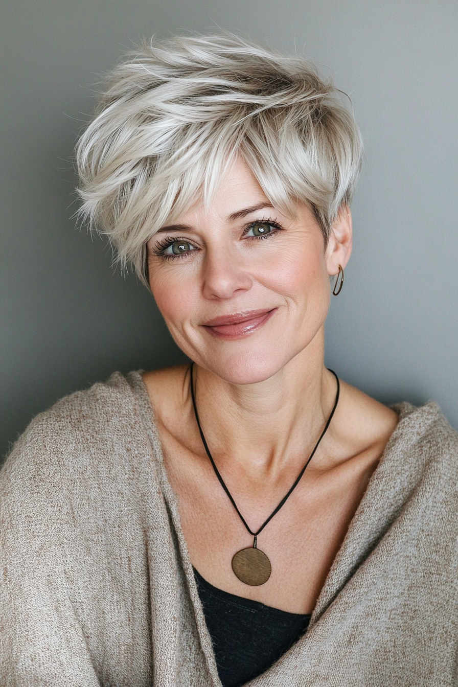 26. Whimsical Layered Pixie in Silver Blonde (Short Haircuts For Older Women With Fine Hair) - Short Haircuts For Older Women With Fine Hair