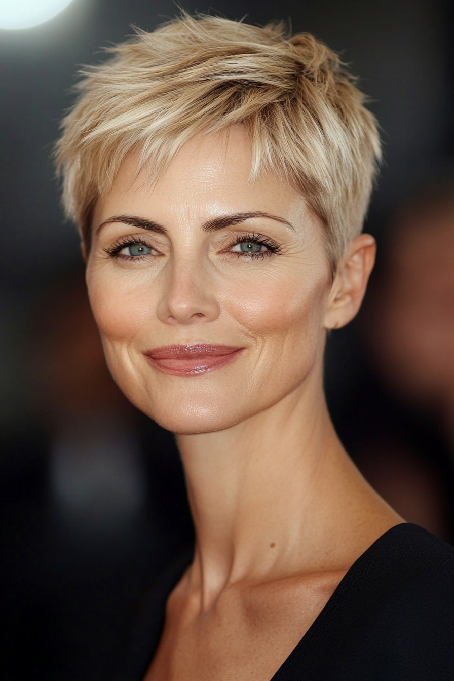 27. Glossy Sleek Pixie in Natural Blonde (Short Haircuts For Older Women With Fine Hair) - Short Haircuts For Older Women With Fine Hair