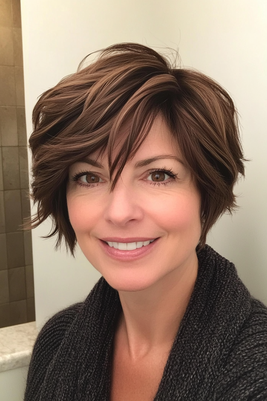 4. Feathered Waves – Dark Brown (Short Hairstyles For Women Over 50 With Thin Hair) - Short Hairstyles For Women Over 50 With Thin Hair