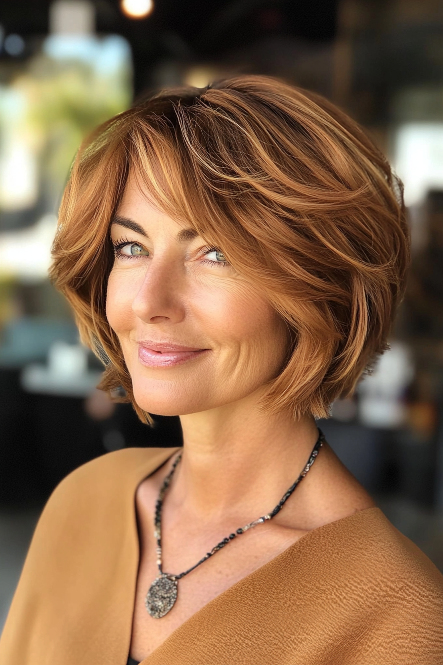 11. Sculpted Waves – Caramel (Short Hairstyles For Women Over 50 With Thin Hair) - Short Hairstyles For Women Over 50 With Thin Hair