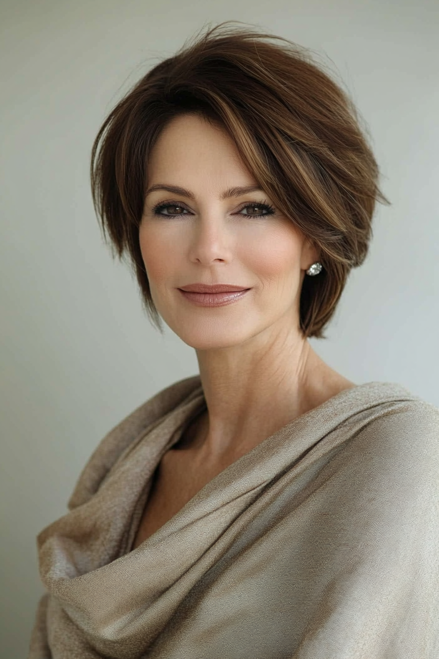 22. Elegant Sweep Back – Walnut Brown (Short Hairstyles For Women Over 50 With Thin Hair) - Short Hairstyles For Women Over 50 With Thin Hair