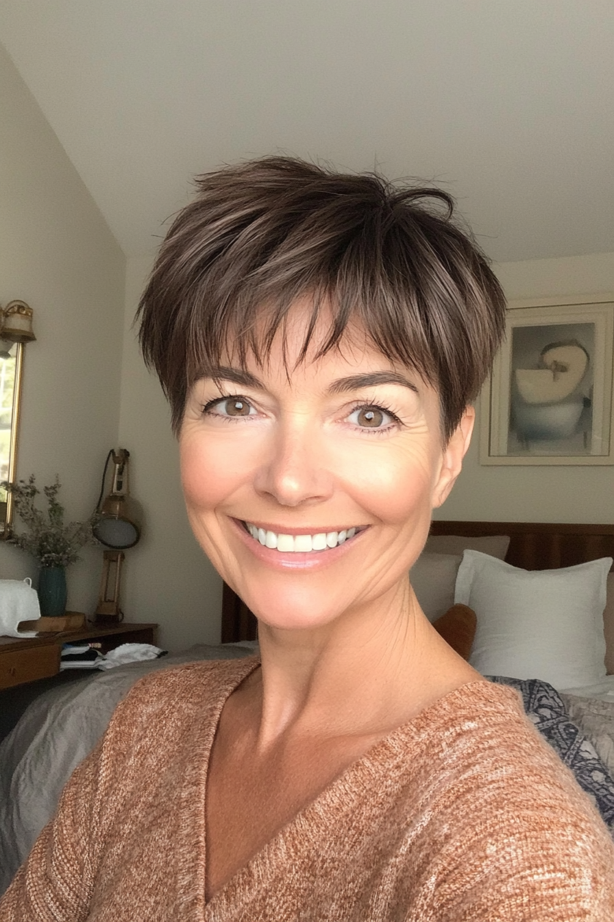 25. Whimsical Fringe Pixie – Chocolate Brown (Short Hairstyles For Women Over 50 With Thin Hair) - Short Hairstyles For Women Over 50 With Thin Hair