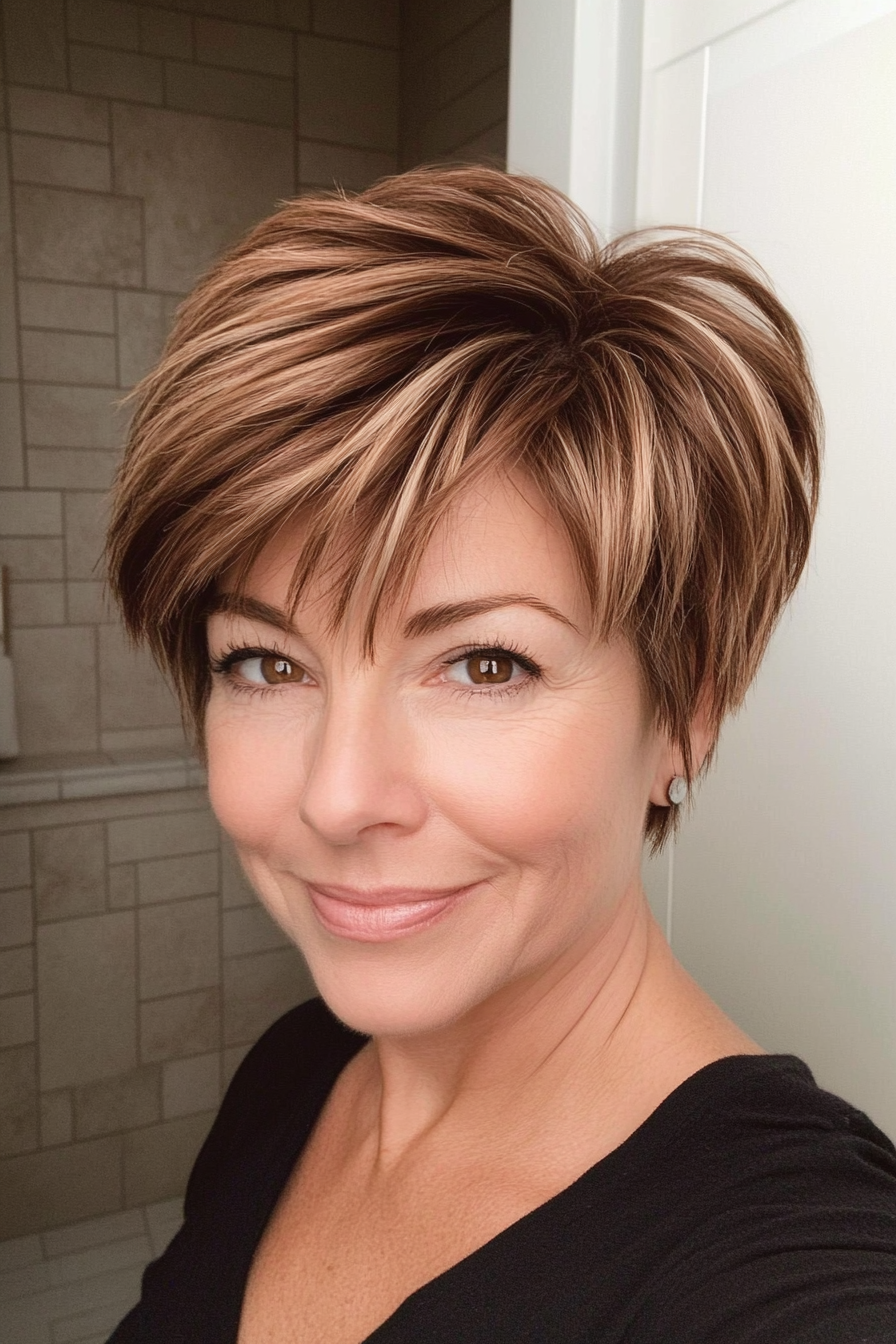 2. Layered Pixie in Warm Brown (Shorter Haircuts For Older Women) - Shorter Haircuts For Older Women