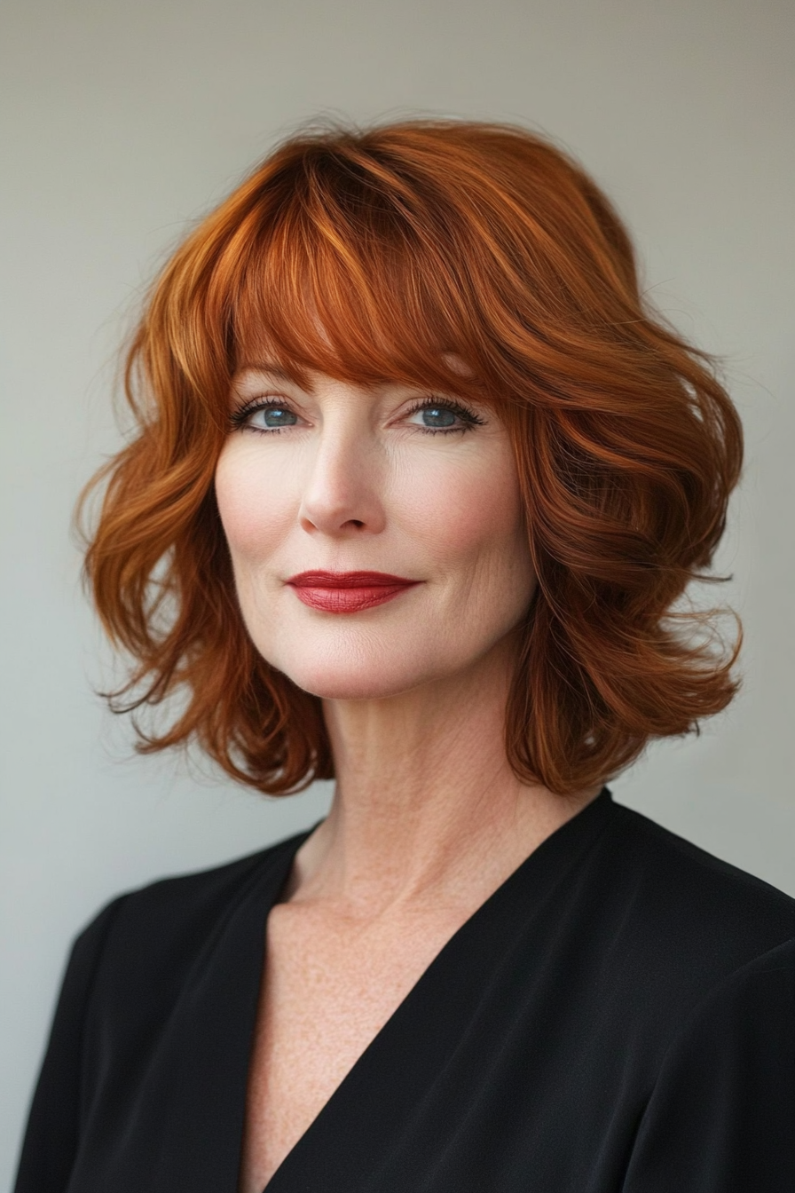 11. Wavy Bob with Bangs in Auburn (Shorter Haircuts For Older Women) - Shorter Haircuts For Older Women