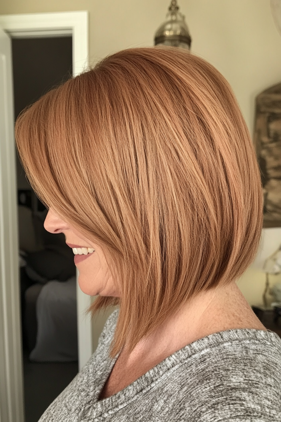 15. Angled Bob in Caramel (Shorter Haircuts For Older Women) - Shorter Haircuts For Older Women
